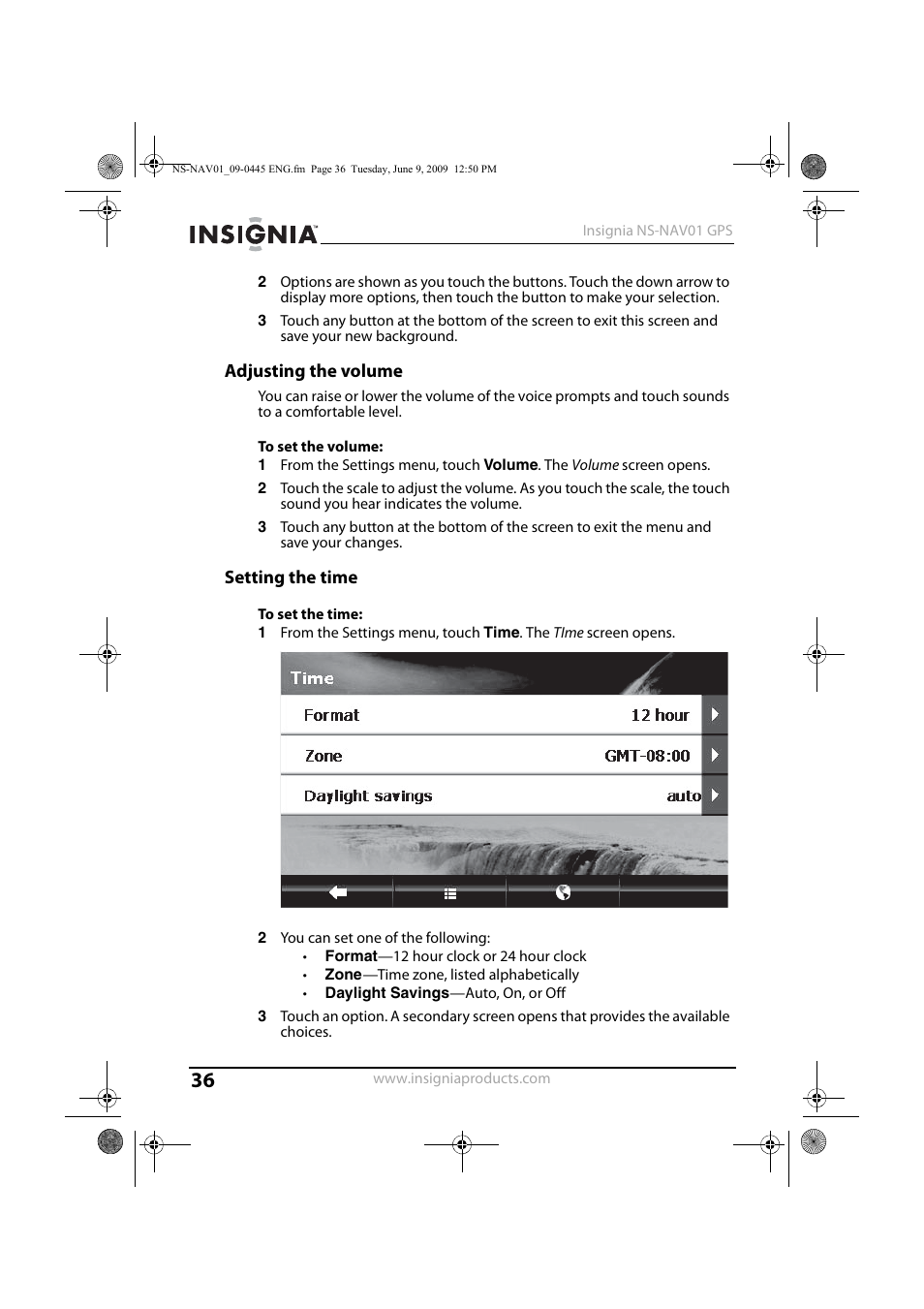 Adjusting the volume, Setting the time | Insignia NS-NAV01 User Manual | Page 36 / 45