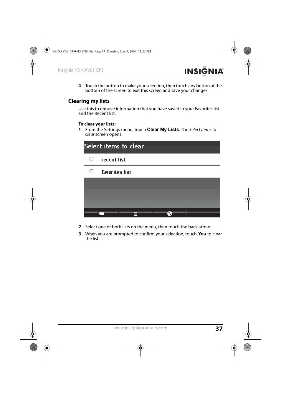 Clearing my lists | Insignia NS-NAV01 User Manual | Page 37 / 45