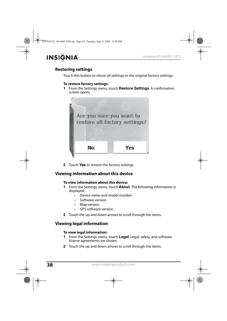Restoring settings, Viewing information about this device, Viewing legal information | Insignia NS-NAV01 User Manual | Page 38 / 45