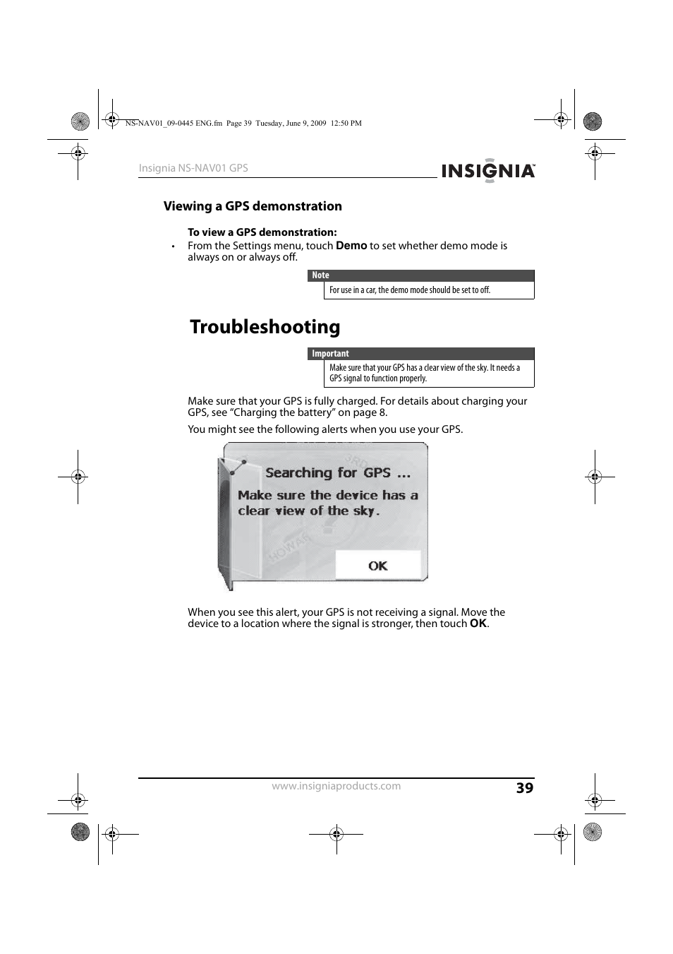 Viewing a gps demonstration, Troubleshooting | Insignia NS-NAV01 User Manual | Page 39 / 45