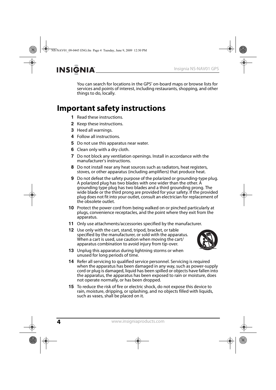Important safety instructions | Insignia NS-NAV01 User Manual | Page 4 / 45