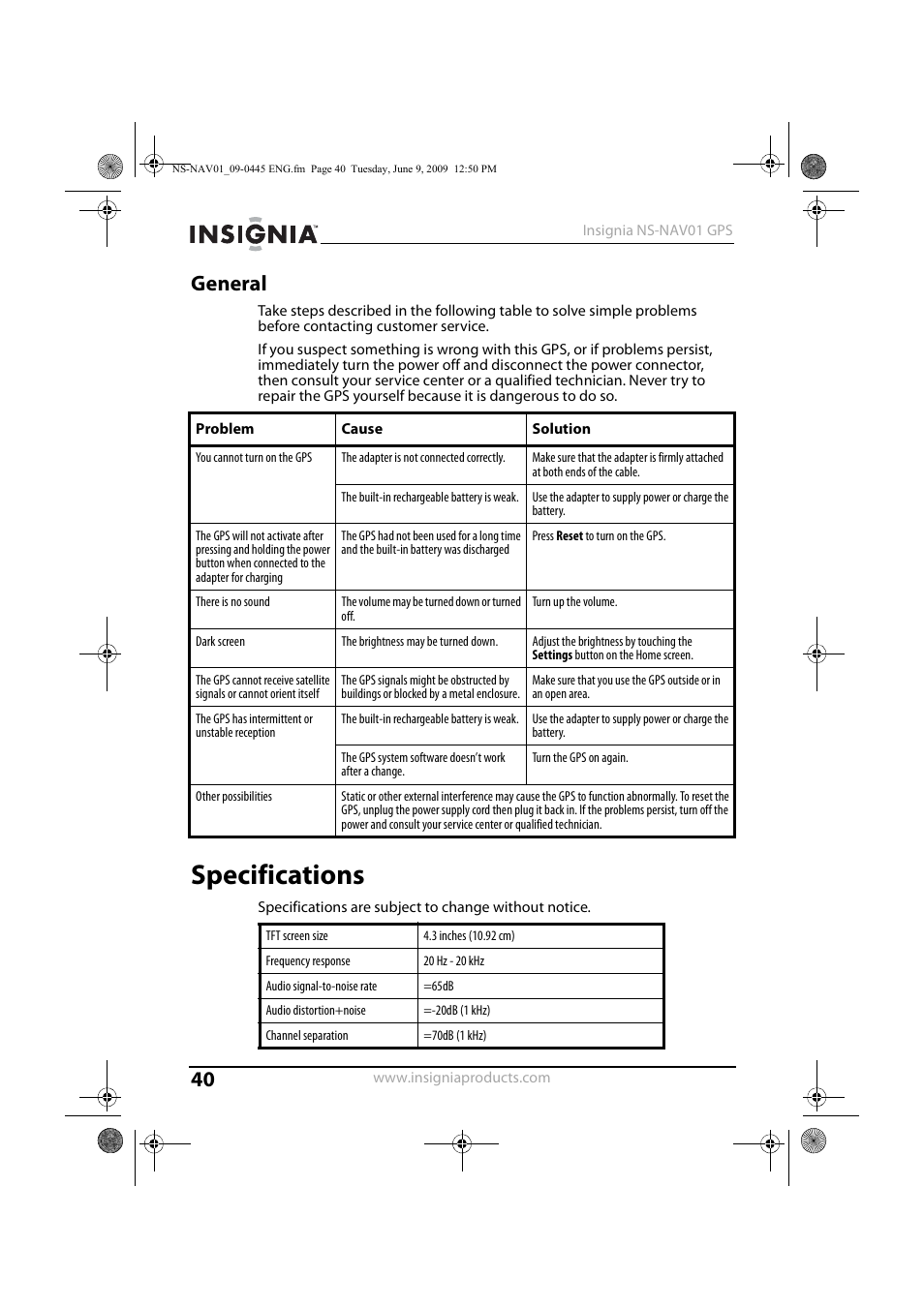 General, Specifications, General specifications | Insignia NS-NAV01 User Manual | Page 40 / 45