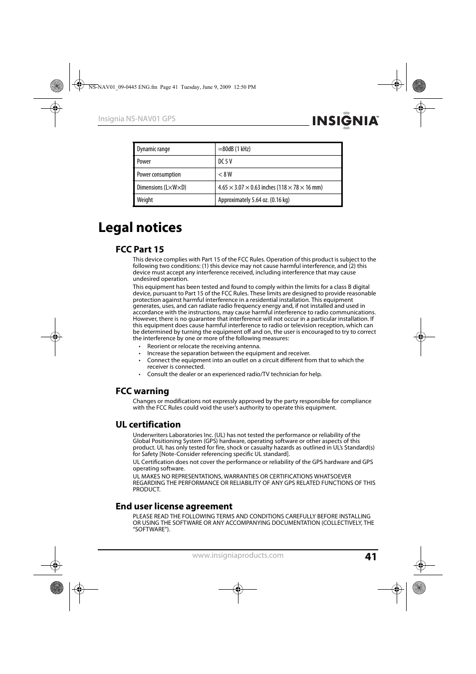 Legal notices, Fcc part 15, Fcc warning | Ul certification, End user license agreement | Insignia NS-NAV01 User Manual | Page 41 / 45