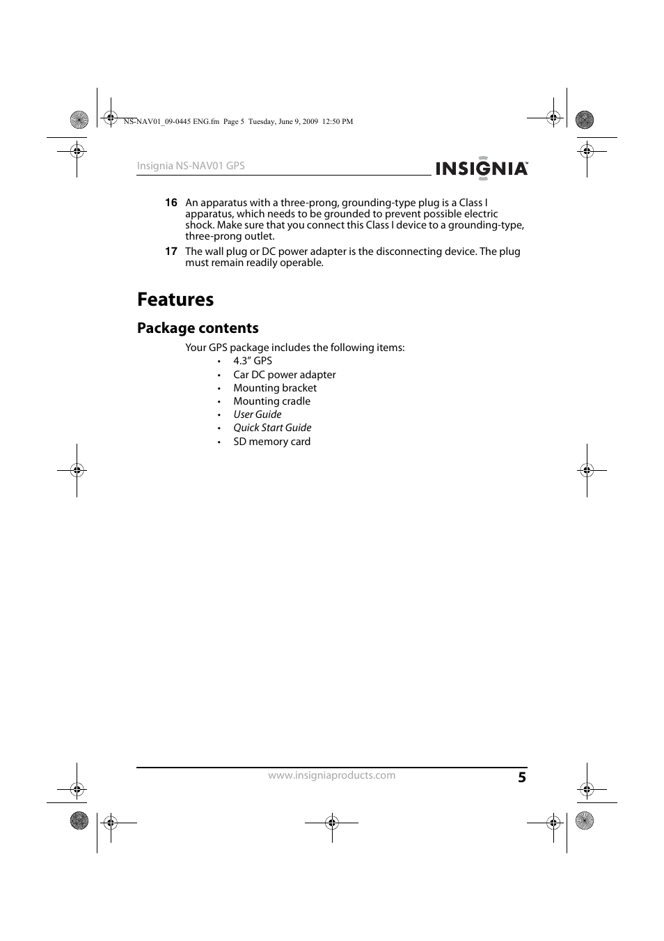 Features, Package contents | Insignia NS-NAV01 User Manual | Page 5 / 45