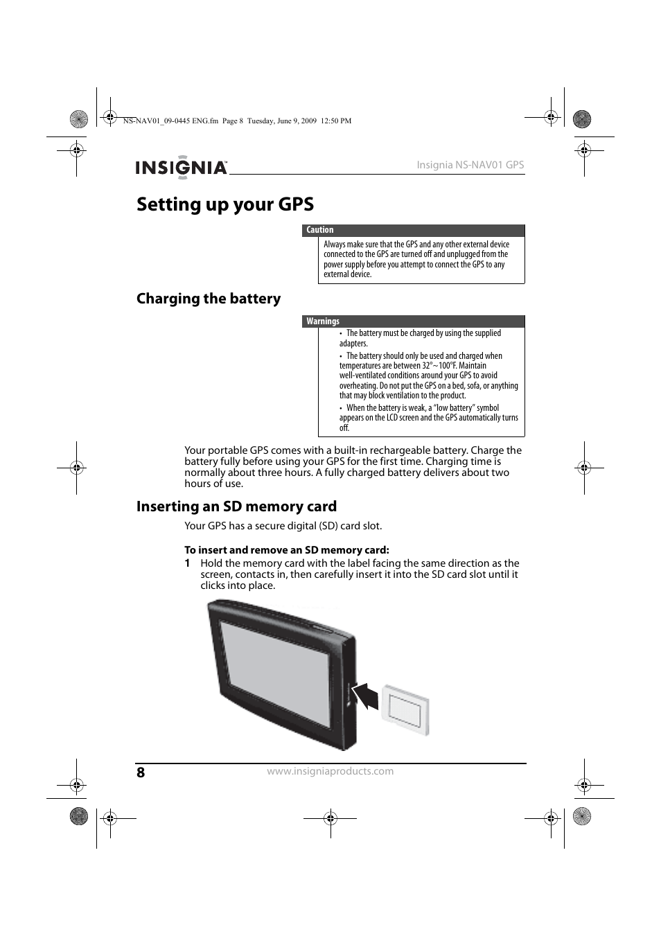 Setting up your gps, Charging the battery, Inserting an sd memory card | Charging the battery inserting an sd memory card | Insignia NS-NAV01 User Manual | Page 8 / 45