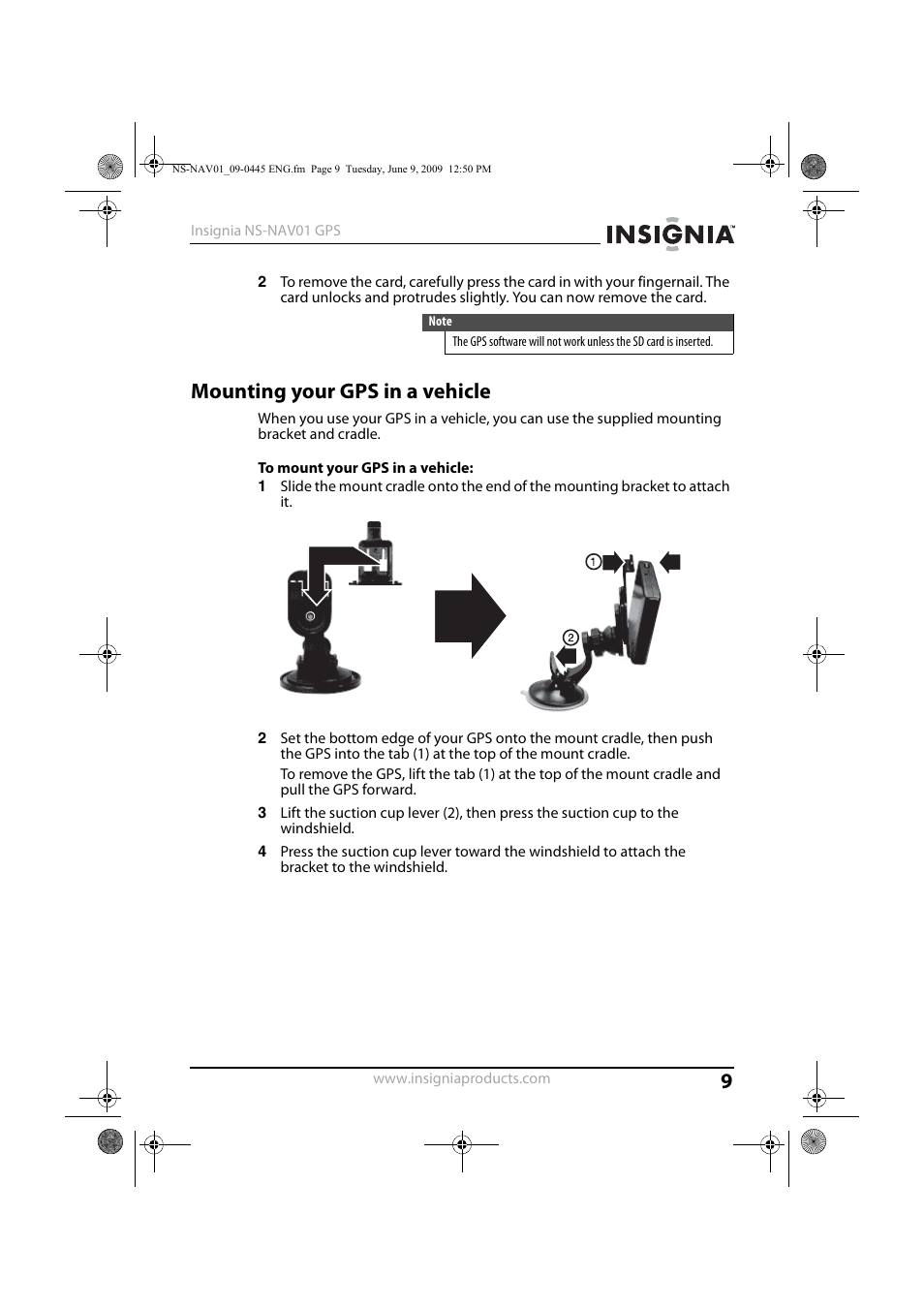 Mounting your gps in a vehicle | Insignia NS-NAV01 User Manual | Page 9 / 45