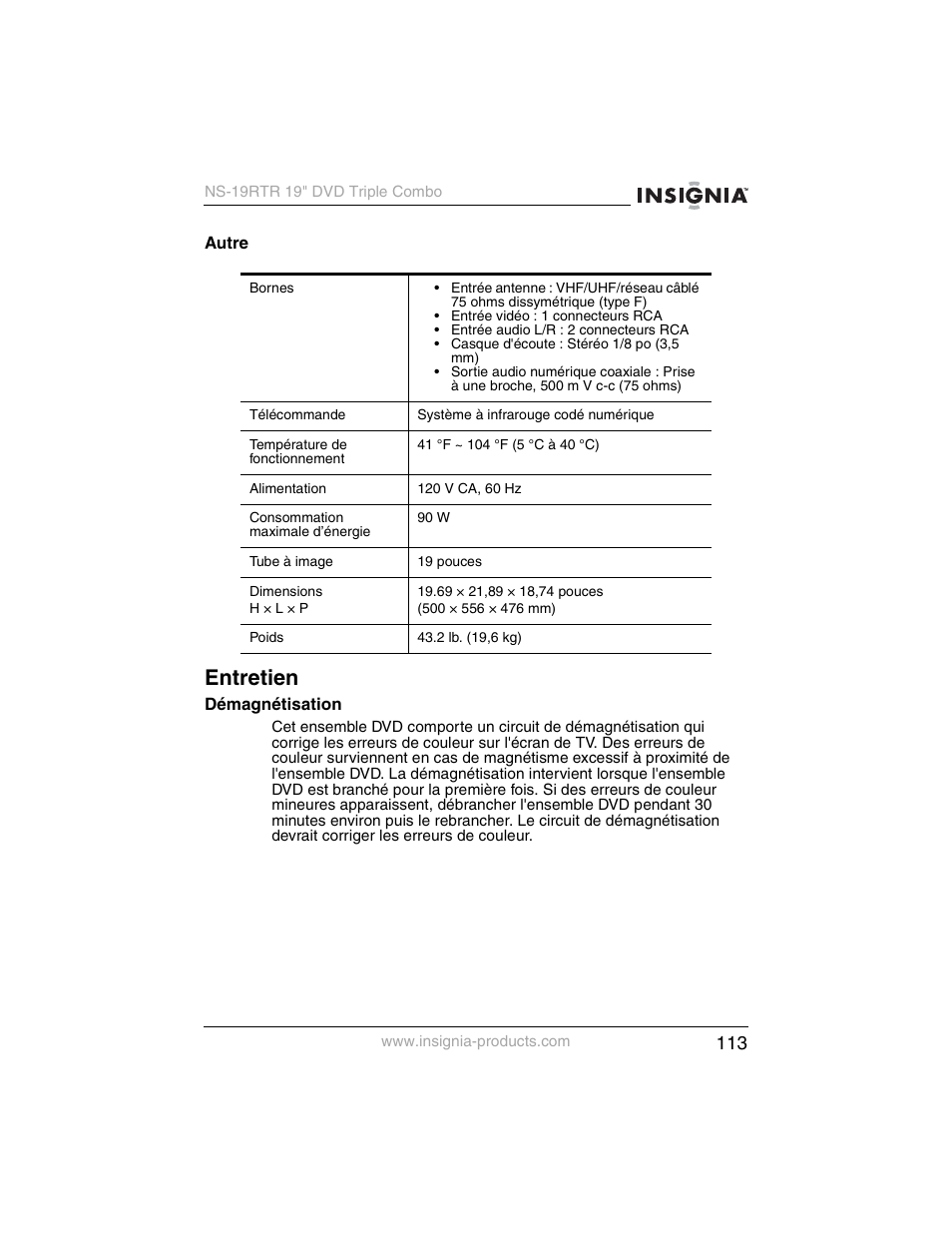Entretien | Insignia NS-19RTR User Manual | Page 114 / 190