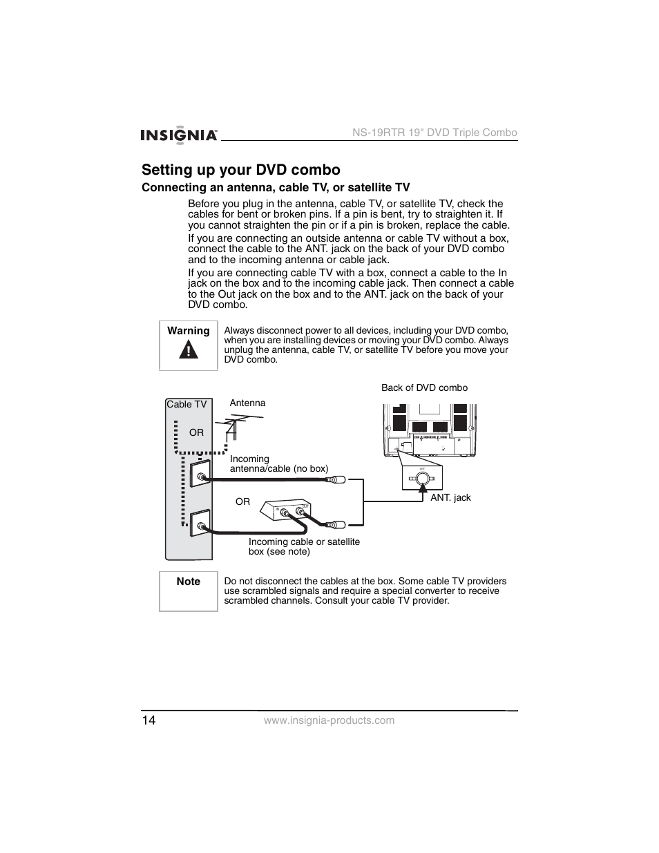 Setting up your dvd combo, Connecting an antenna, cable tv, or satellite tv | Insignia NS-19RTR User Manual | Page 15 / 190