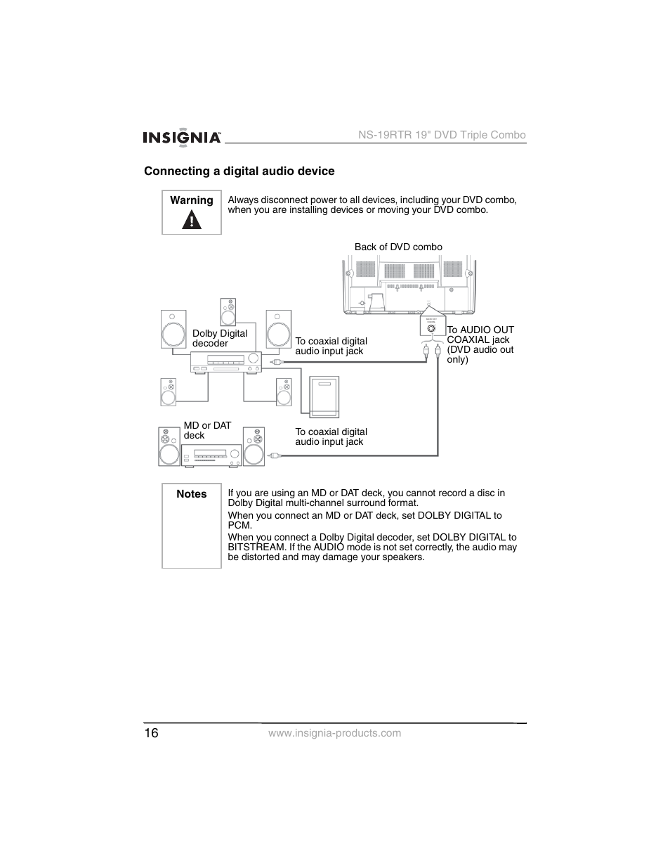 Connecting a digital audio device | Insignia NS-19RTR User Manual | Page 17 / 190