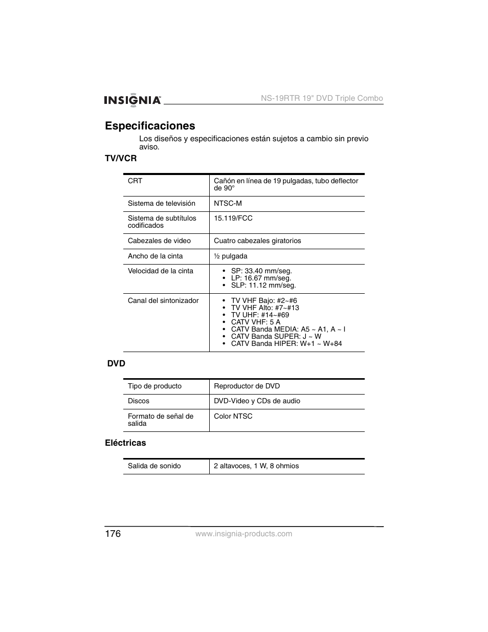 Especificaciones | Insignia NS-19RTR User Manual | Page 177 / 190