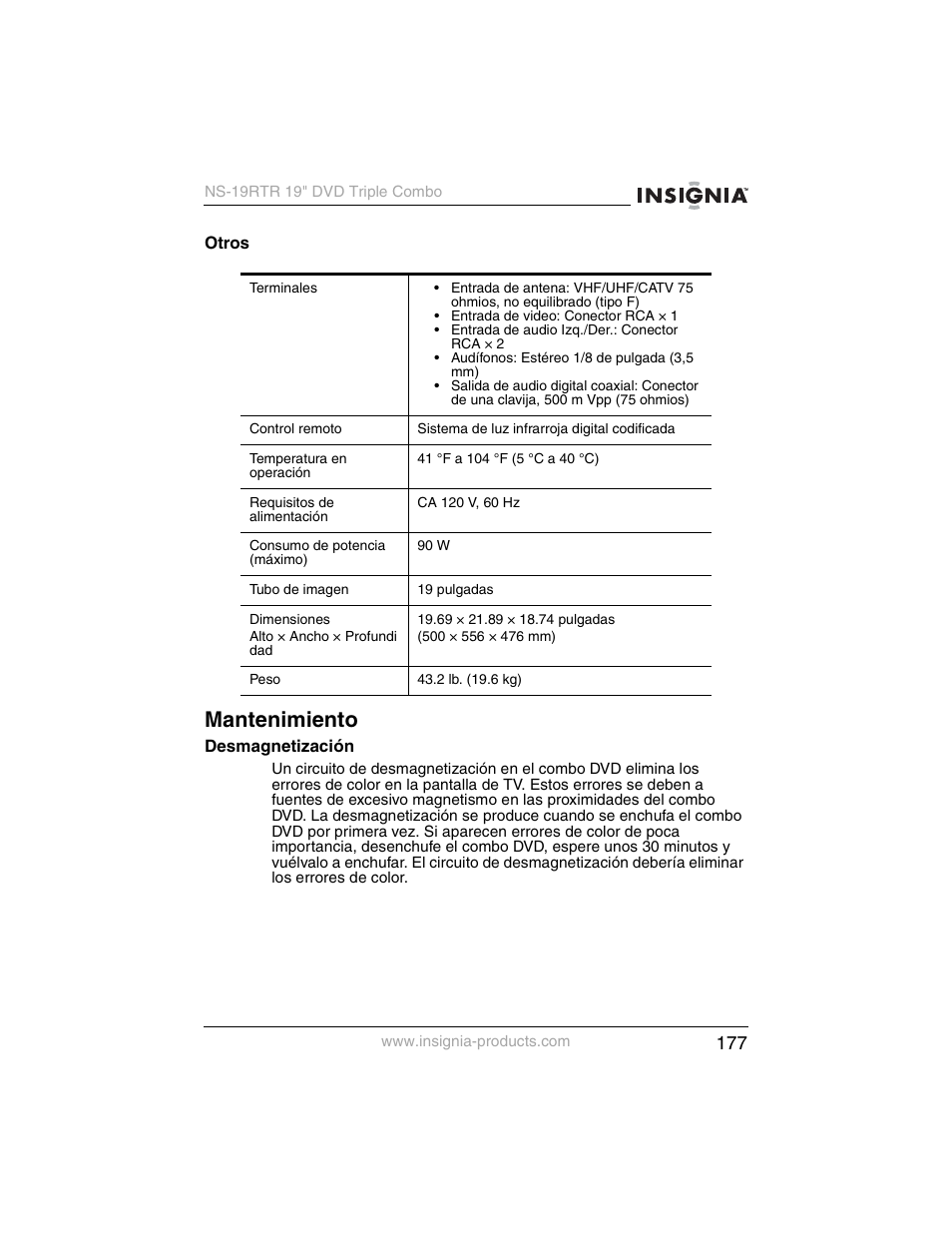 Mantenimiento | Insignia NS-19RTR User Manual | Page 178 / 190
