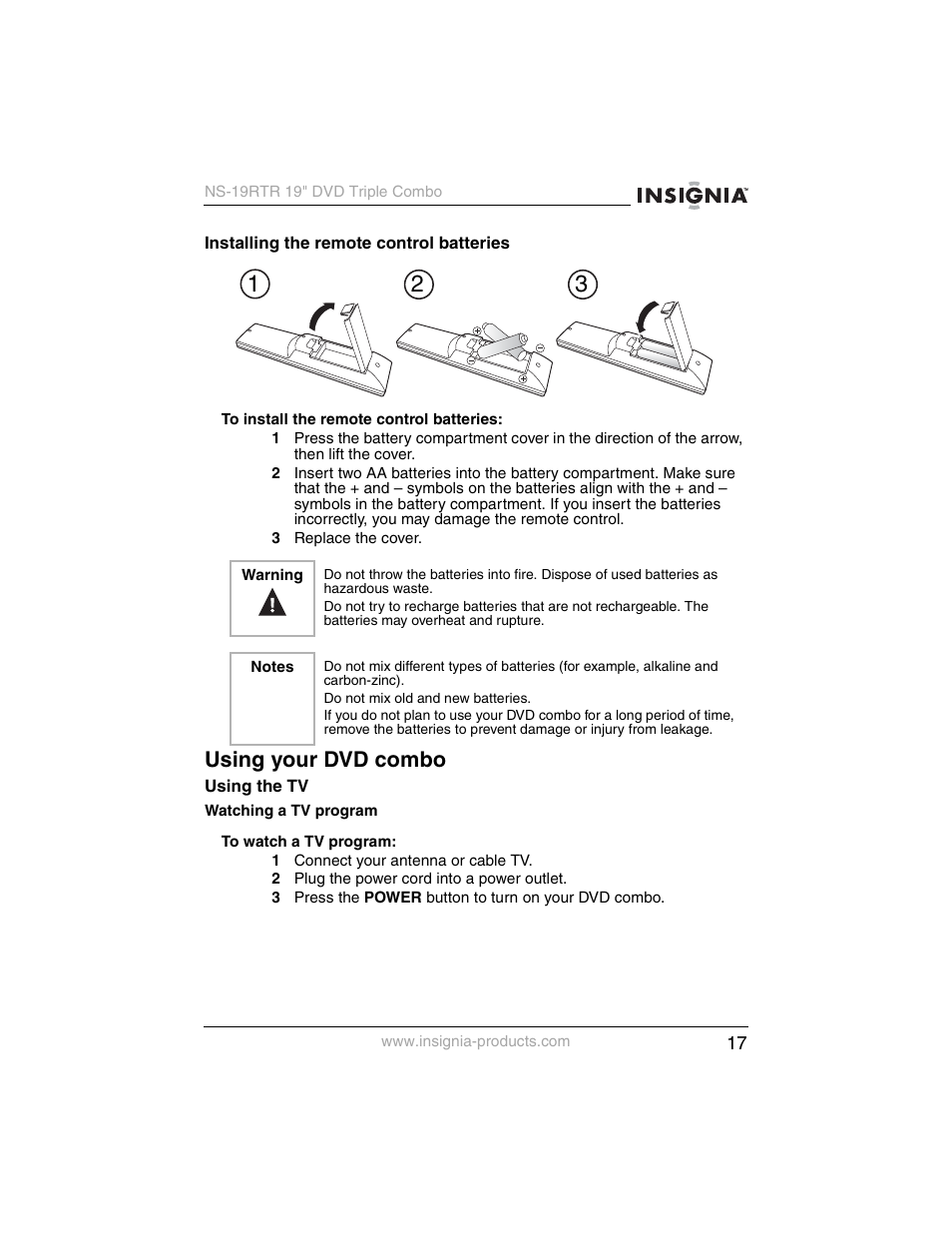 Using your dvd combo | Insignia NS-19RTR User Manual | Page 18 / 190