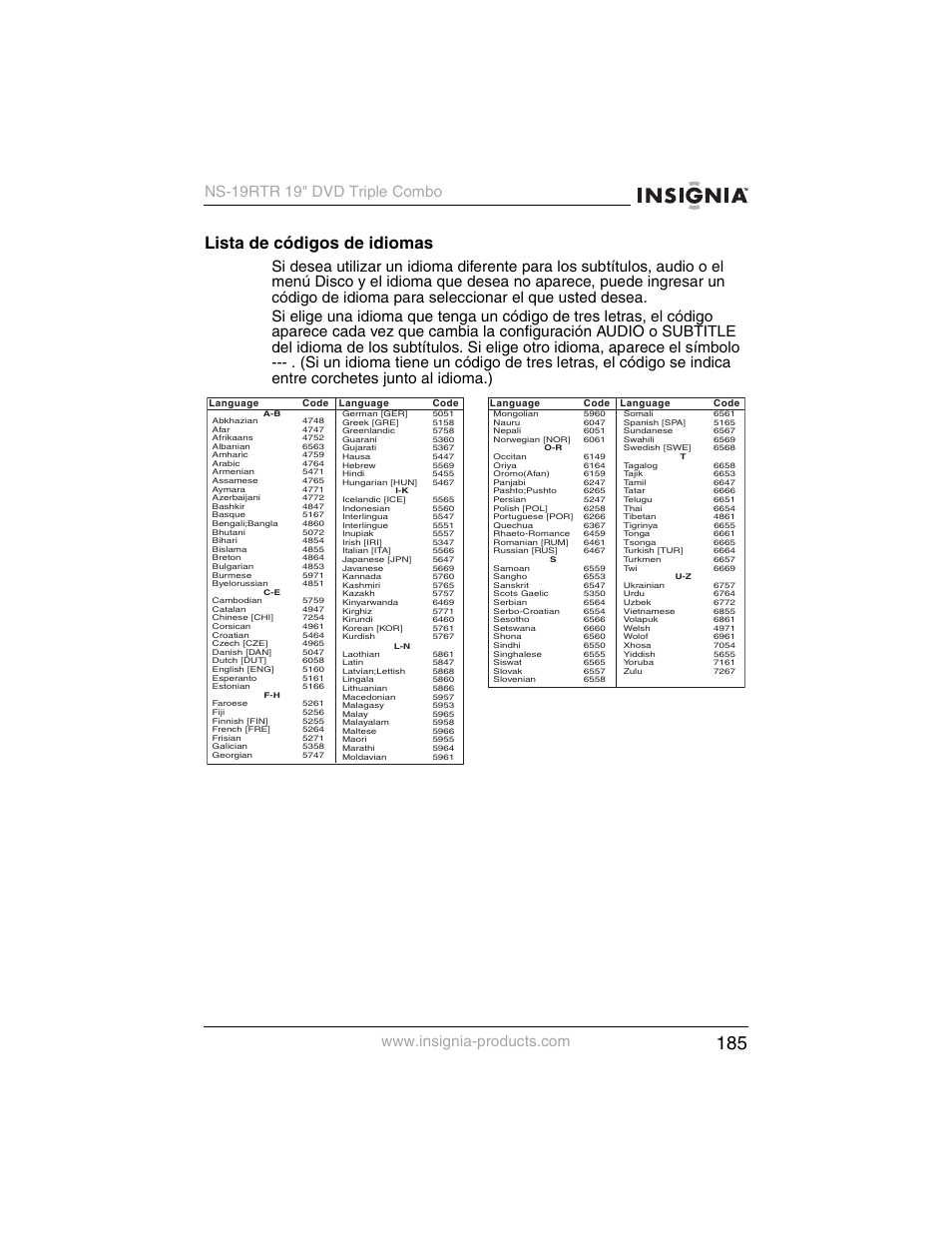 Lista de códigos de idiomas | Insignia NS-19RTR User Manual | Page 186 / 190