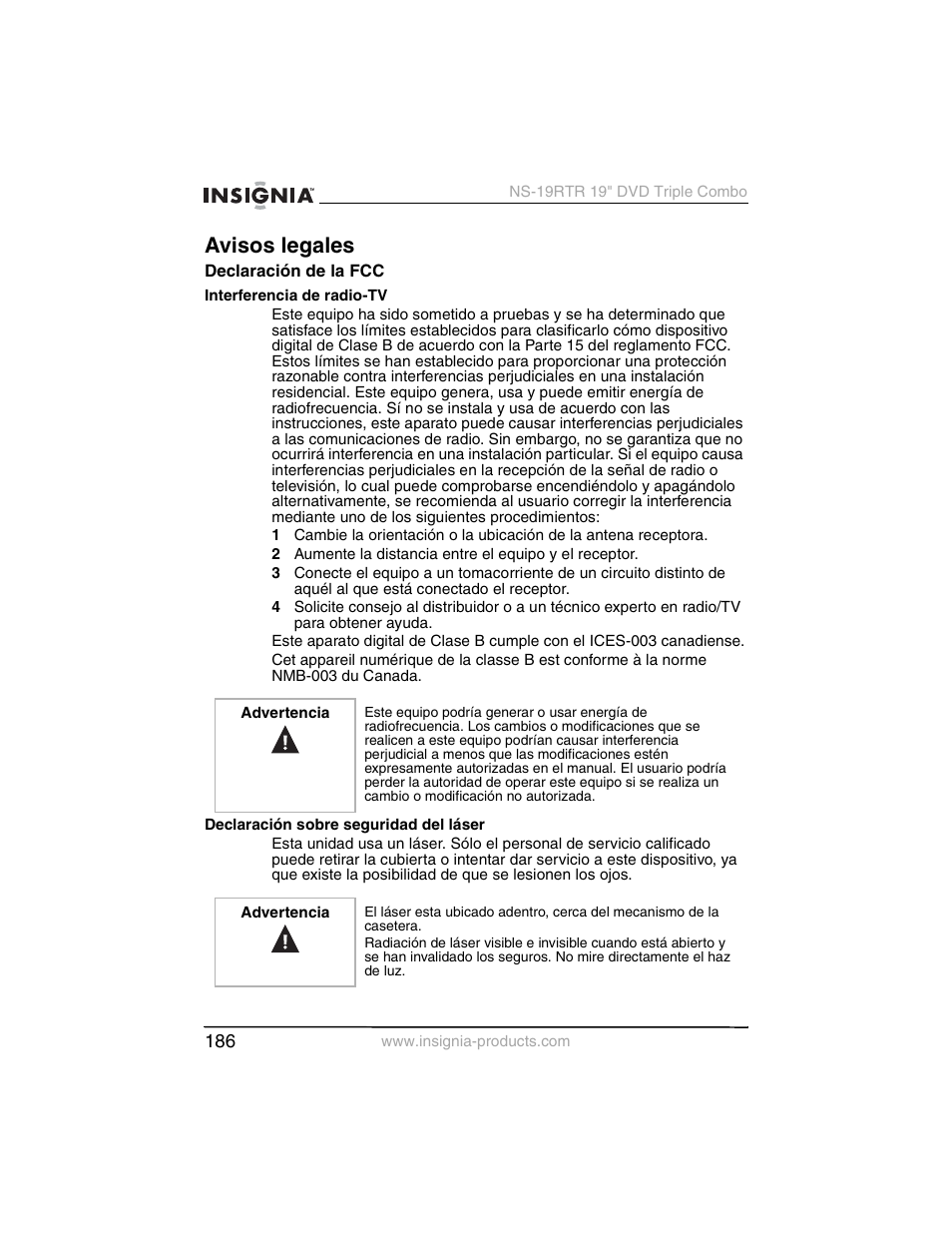 Avisos legales | Insignia NS-19RTR User Manual | Page 187 / 190