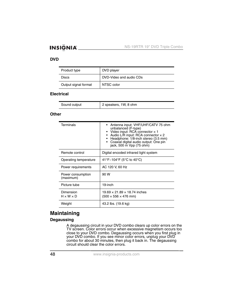 Maintaining | Insignia NS-19RTR User Manual | Page 49 / 190