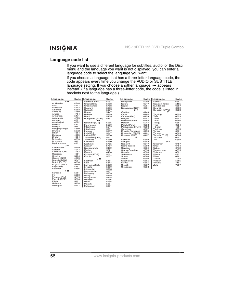 Language code list | Insignia NS-19RTR User Manual | Page 57 / 190