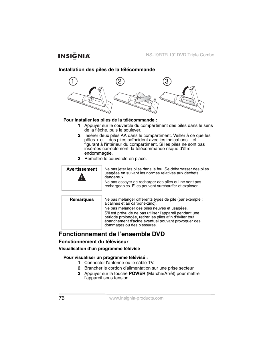 Fonctionnement de l’ensemble dvd | Insignia NS-19RTR User Manual | Page 77 / 190