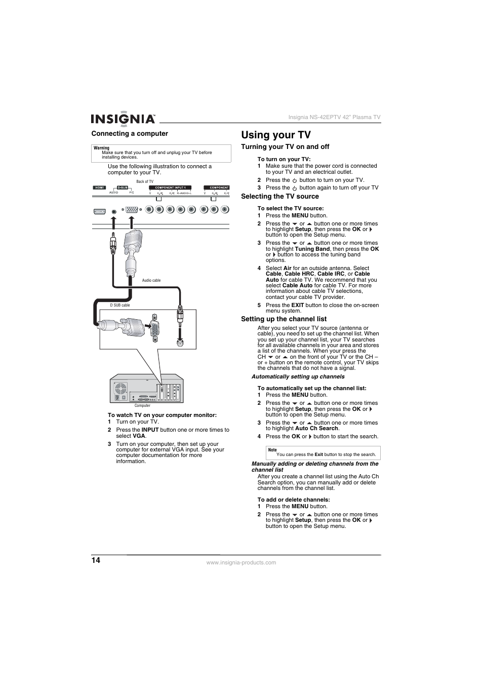 Using your tv | Insignia NS-42EPTV User Manual | Page 14 / 80