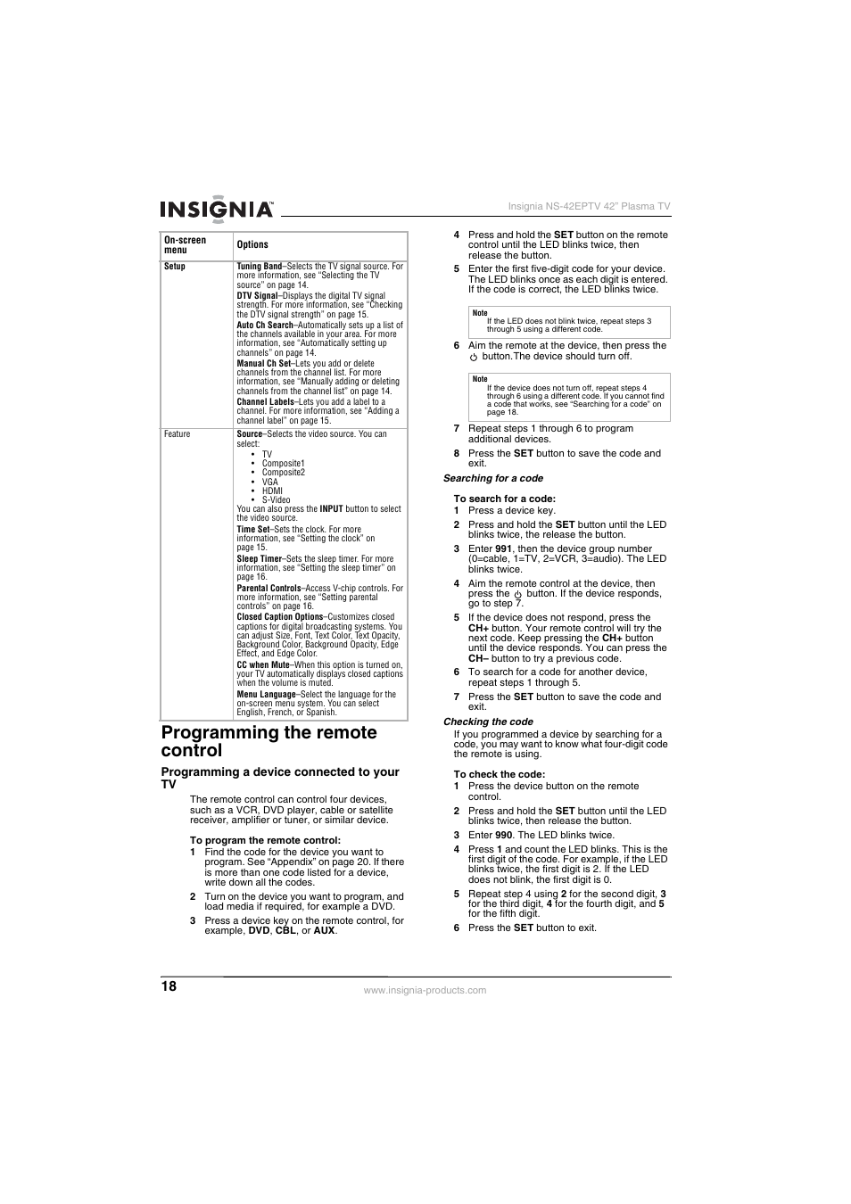 Programming the remote control | Insignia NS-42EPTV User Manual | Page 18 / 80