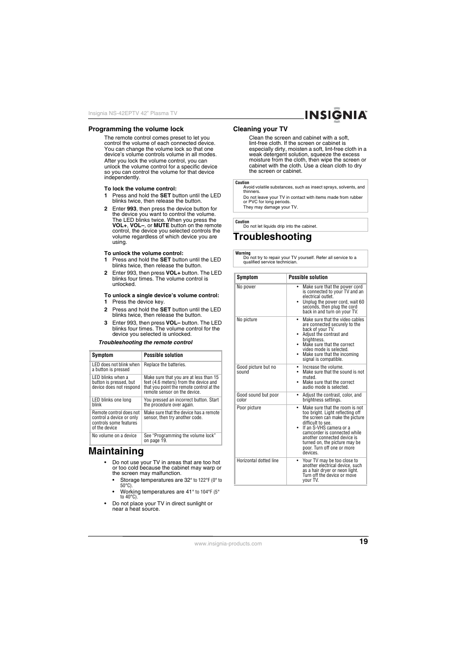 Maintaining, Troubleshooting | Insignia NS-42EPTV User Manual | Page 19 / 80