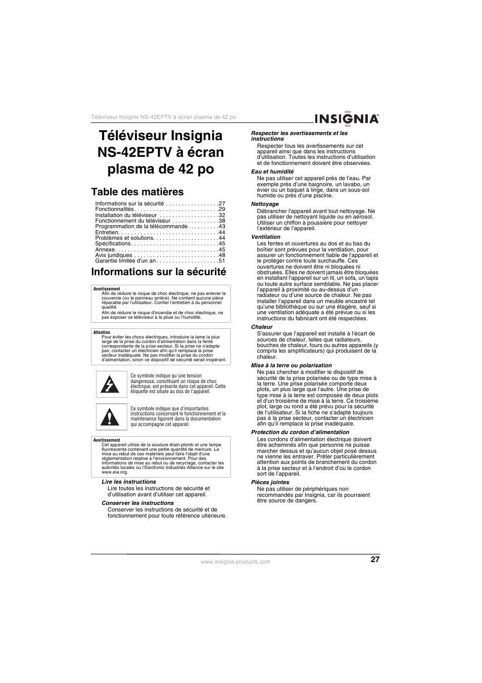 Insignia NS-42EPTV User Manual | Page 27 / 80