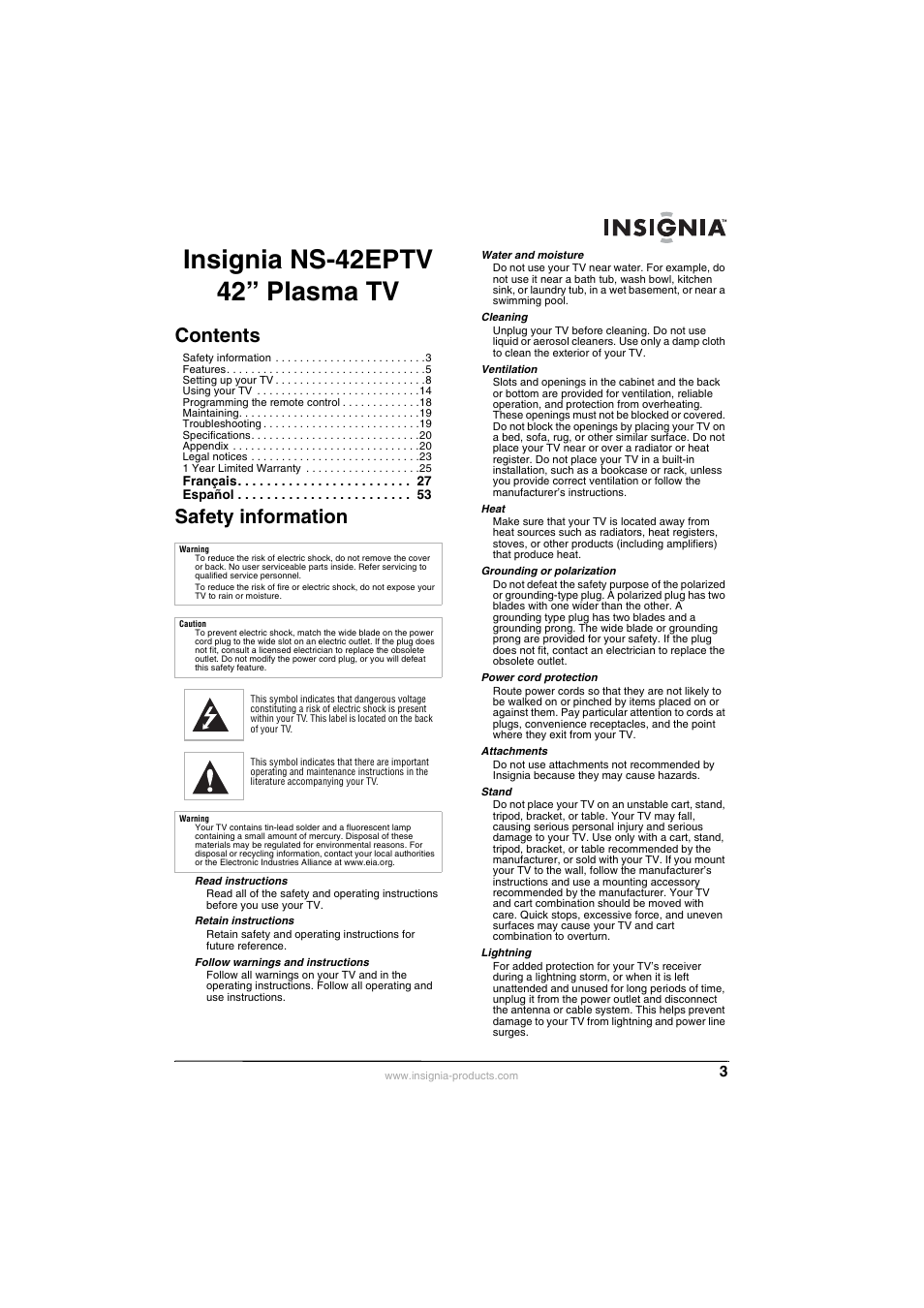 Insignia NS-42EPTV User Manual | Page 3 / 80