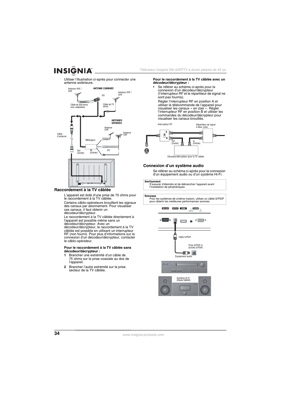 Raccordement à la tv câblée, Connexion d’un système audio | Insignia NS-42EPTV User Manual | Page 34 / 80