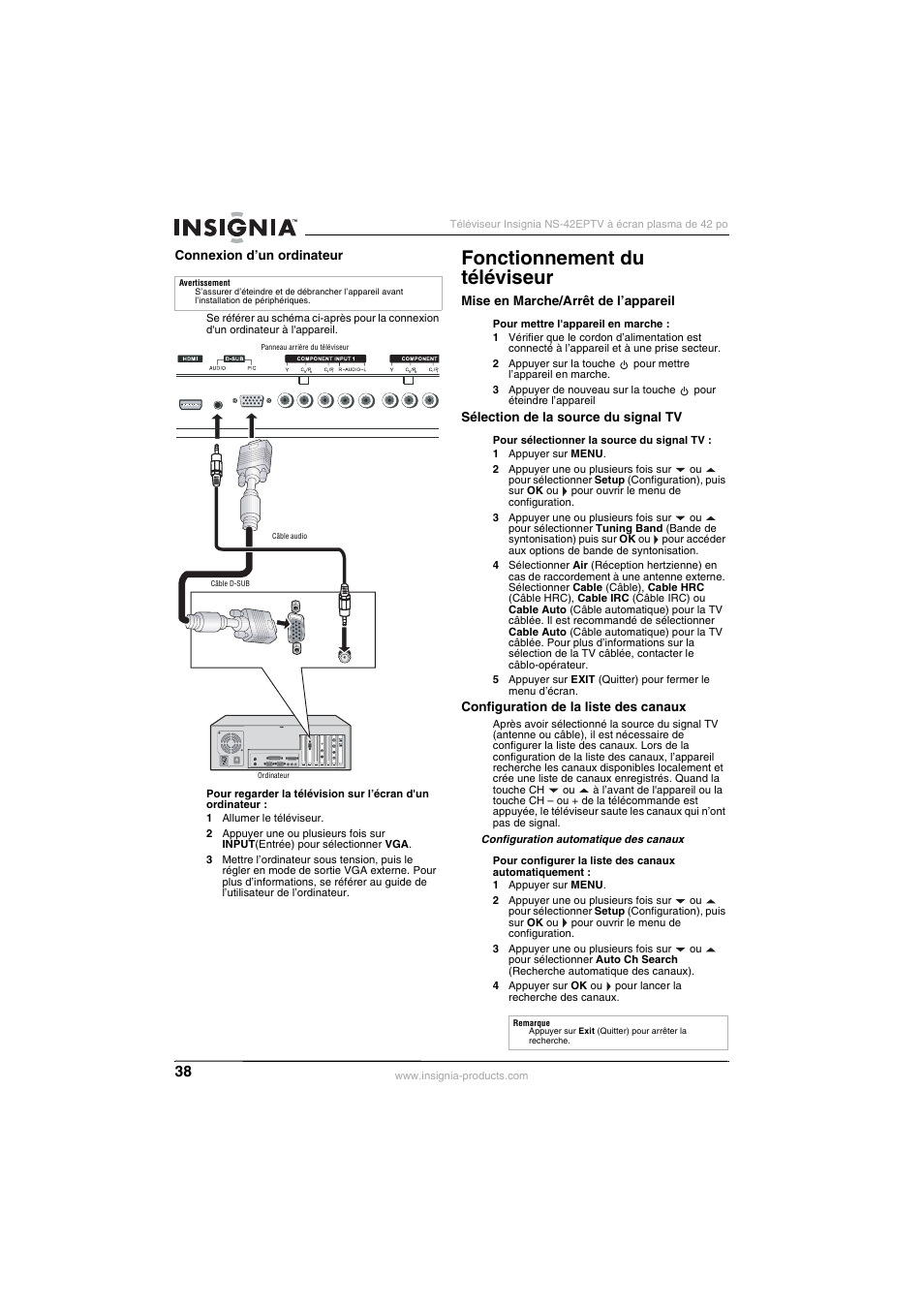 Fonctionnement du téléviseur | Insignia NS-42EPTV User Manual | Page 38 / 80