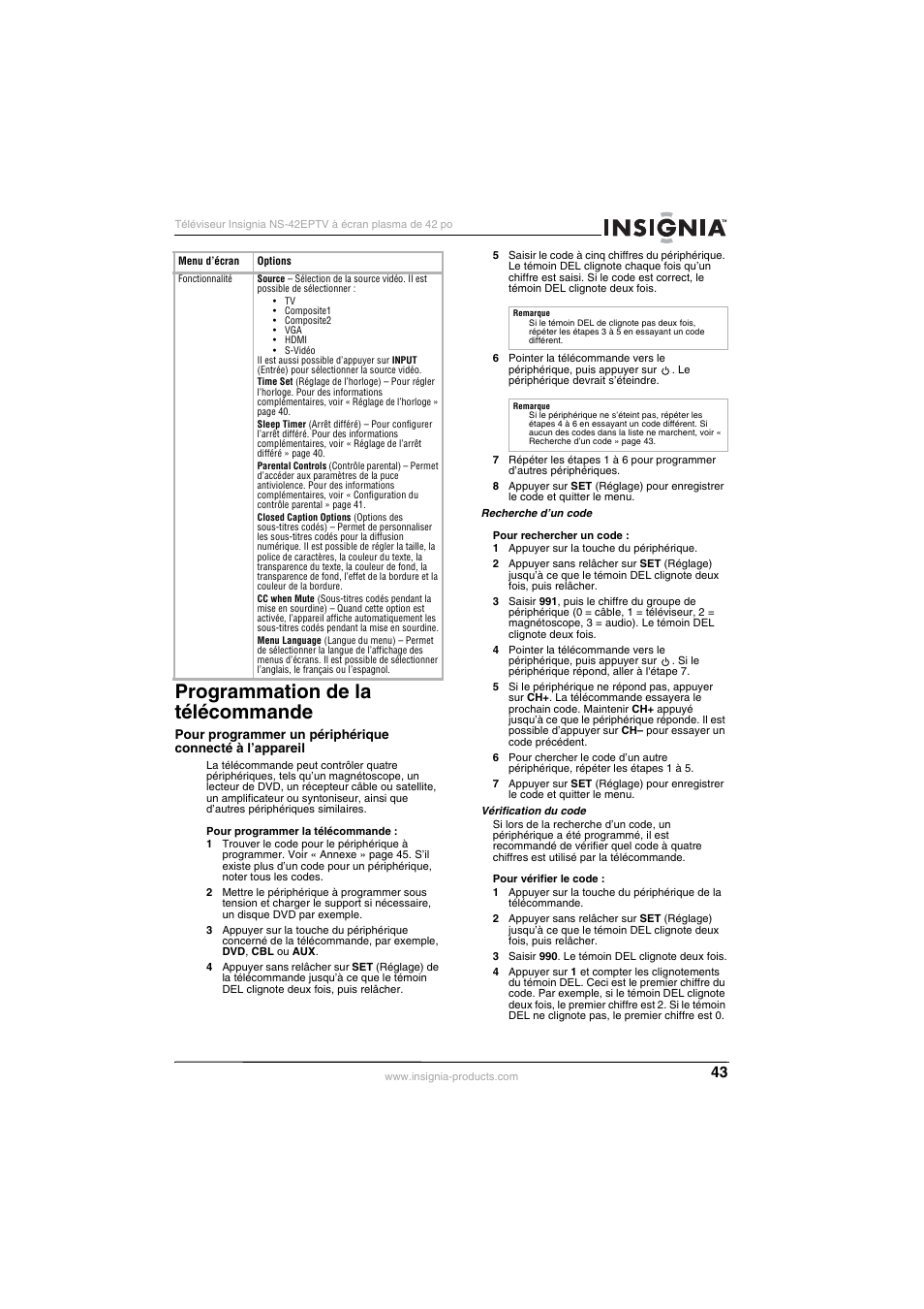 Programmation de la télécommande | Insignia NS-42EPTV User Manual | Page 43 / 80
