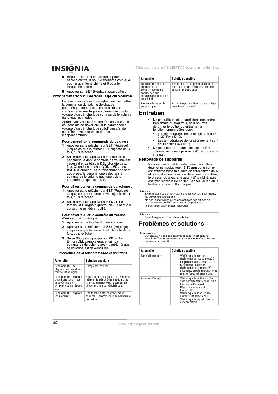 Entretien, Problèmes et solutions | Insignia NS-42EPTV User Manual | Page 44 / 80