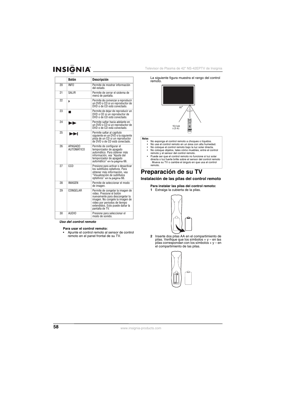 Preparación de su tv, 0mts/sap zoom ccd sleep audio picture freeze | Insignia NS-42EPTV User Manual | Page 58 / 80