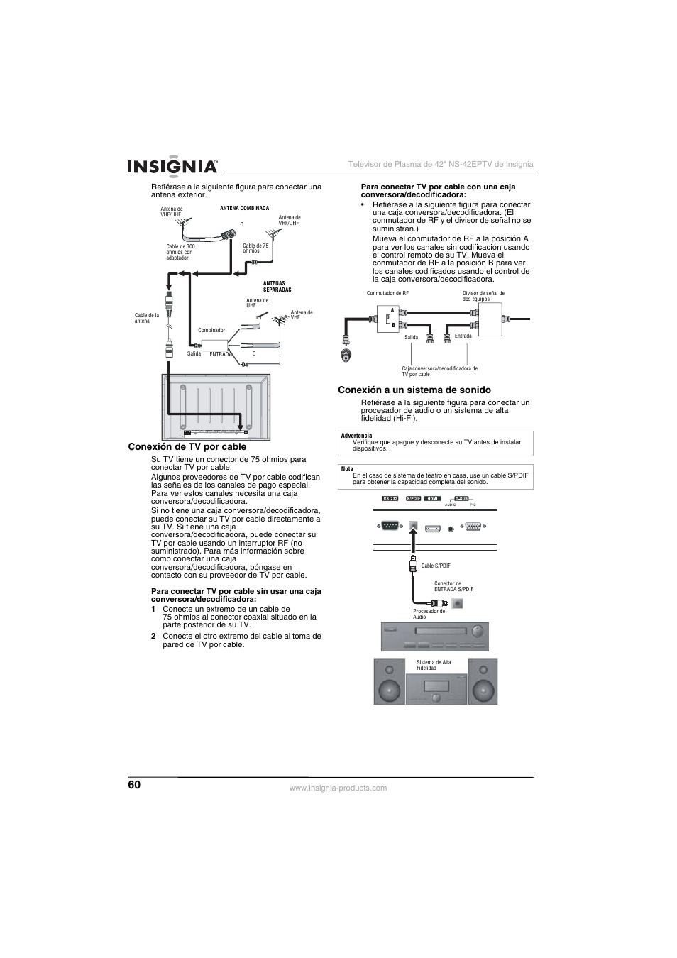 Conexión de tv por cable, Conexión a un sistema de sonido | Insignia NS-42EPTV User Manual | Page 60 / 80