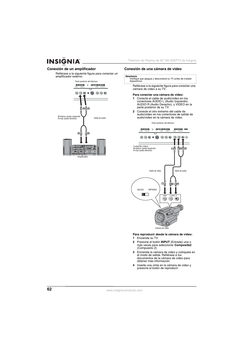 Conexión de un amplificador, Conexión de una cámara de video | Insignia NS-42EPTV User Manual | Page 62 / 80