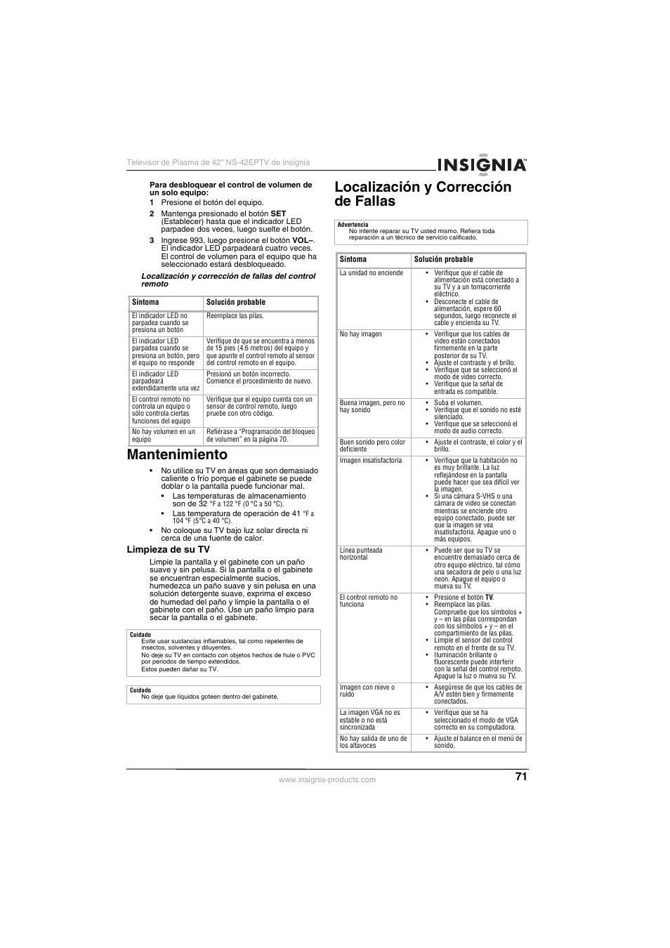 Mantenimiento, Localización y corrección de fallas | Insignia NS-42EPTV User Manual | Page 71 / 80