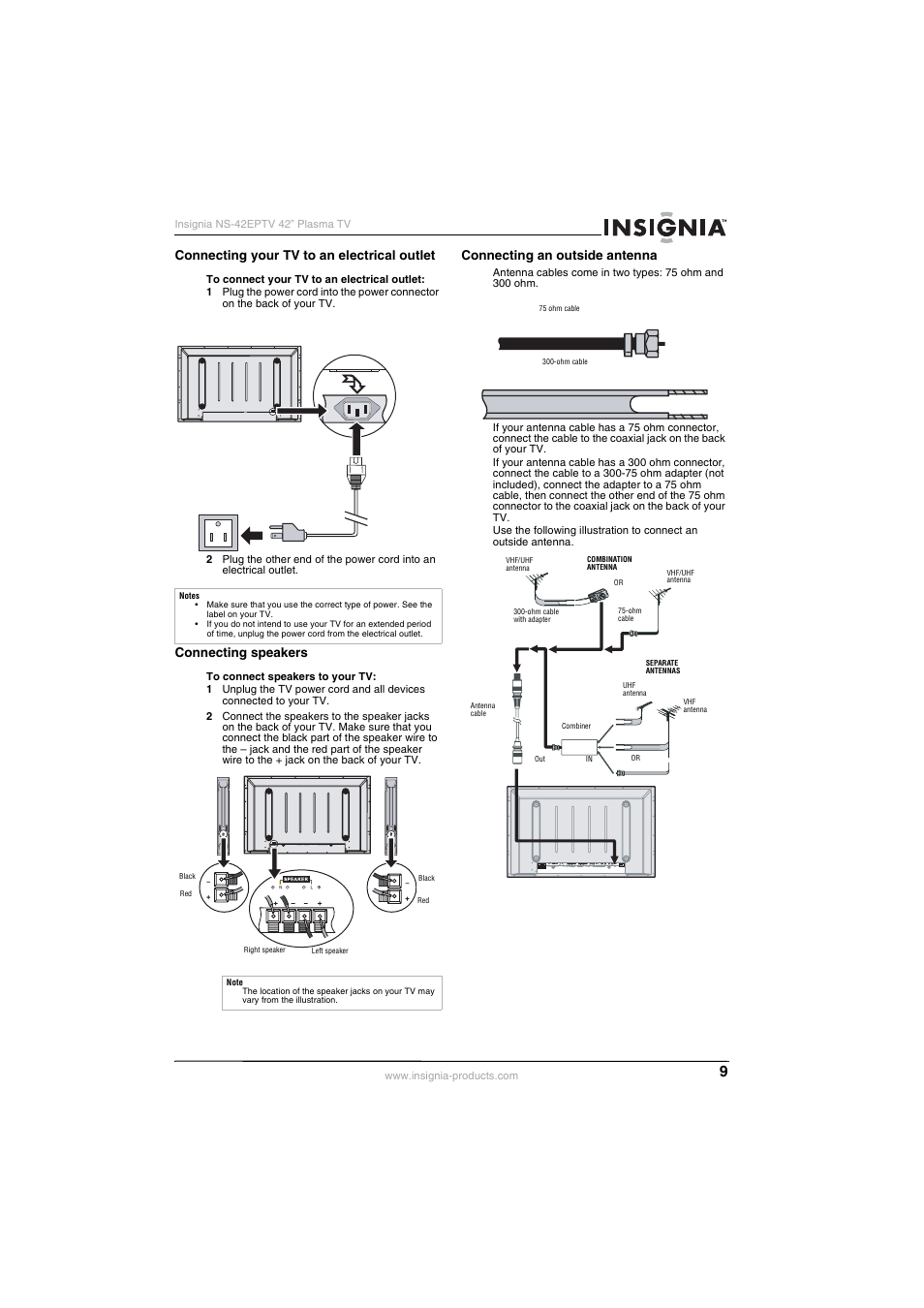 Connecting your tv to an electrical outlet, Connecting speakers, Connecting an outside antenna | Insignia NS-42EPTV User Manual | Page 9 / 80