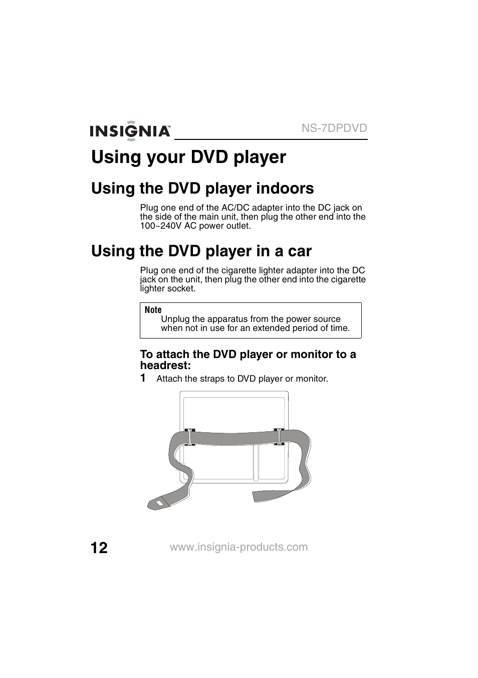 Using your dvd player, Using the dvd player indoors, Using the dvd player in a car | Insignia NS-7DPDVD User Manual | Page 14 / 100