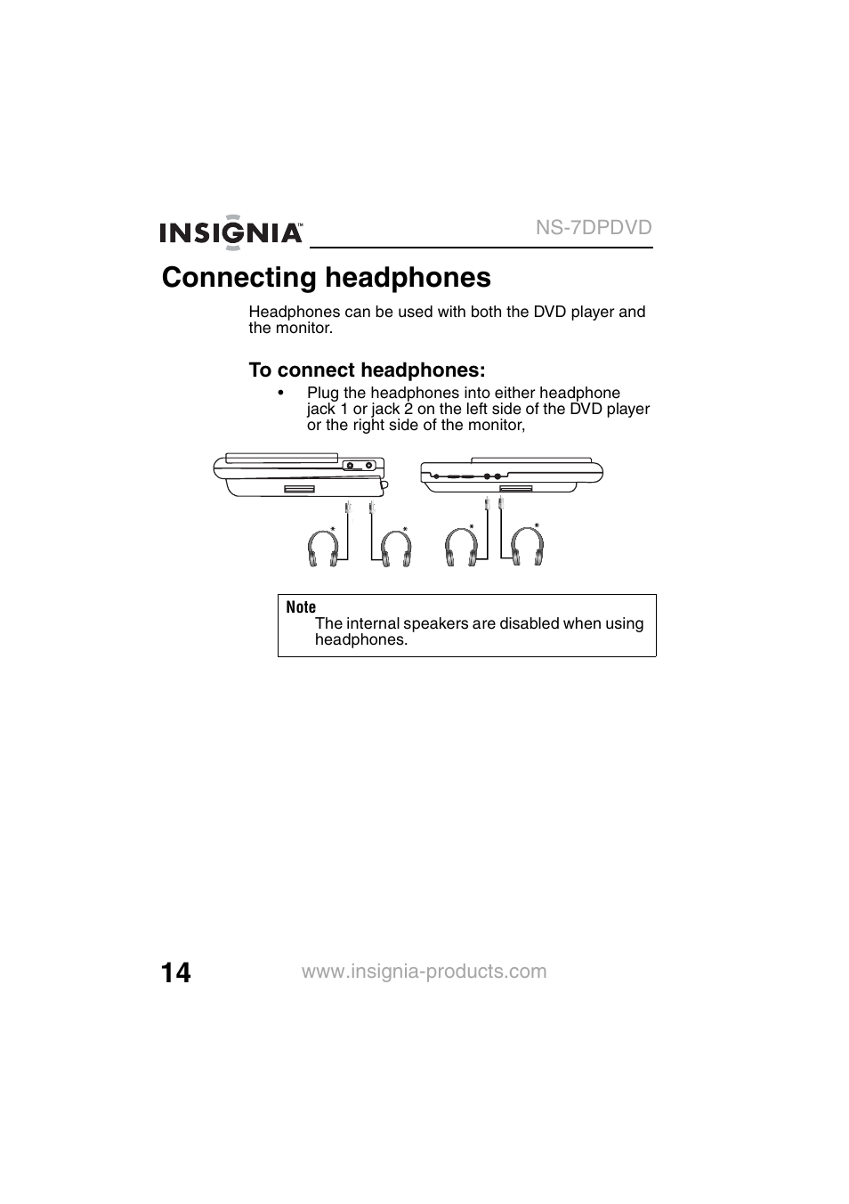 Connecting headphones | Insignia NS-7DPDVD User Manual | Page 16 / 100