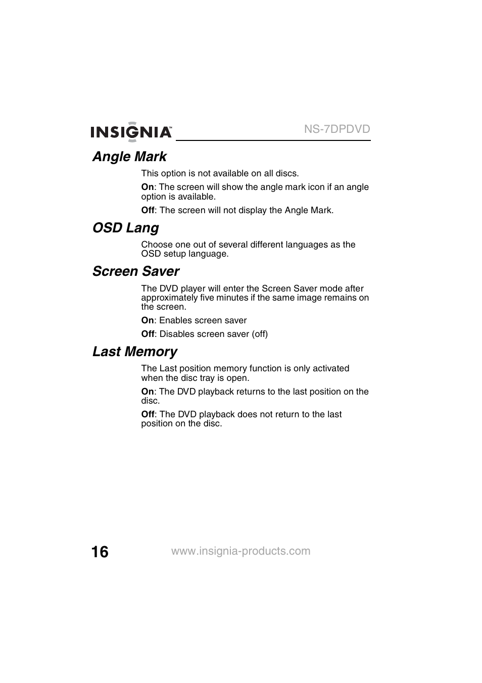 Angle mark, Osd lang, Screen saver | Insignia NS-7DPDVD User Manual | Page 18 / 100