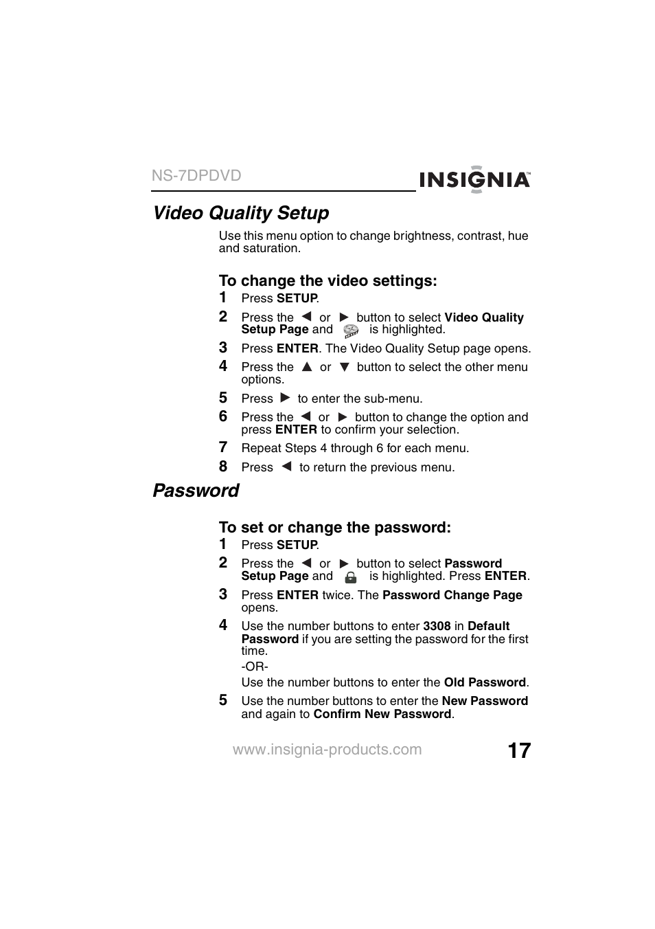 Video quality setup, Password | Insignia NS-7DPDVD User Manual | Page 19 / 100