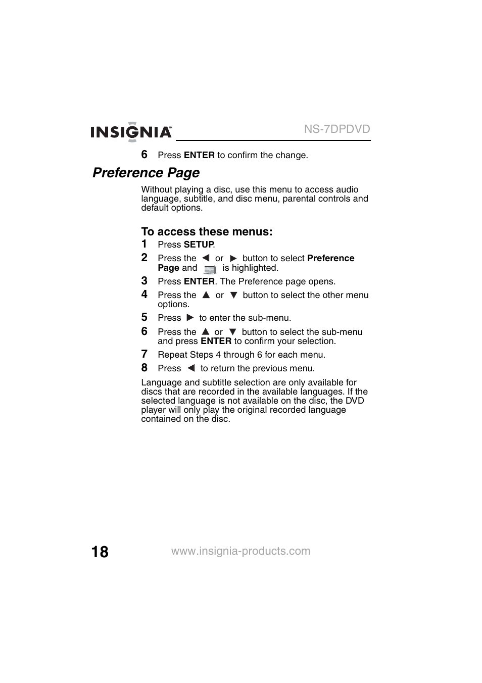 Preference page | Insignia NS-7DPDVD User Manual | Page 20 / 100