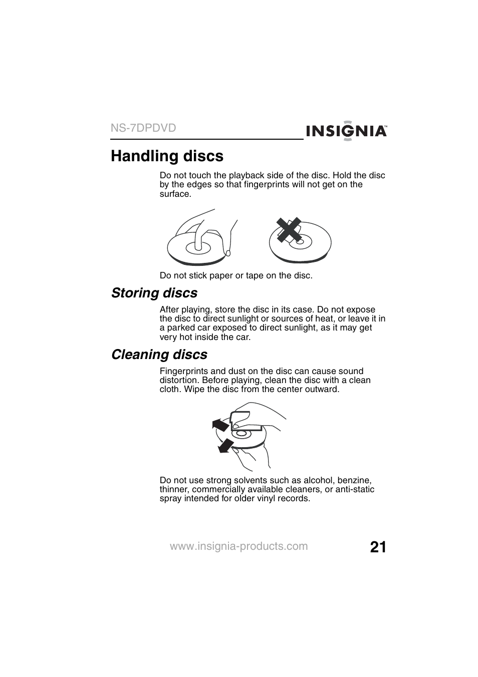 Handling discs, Storing discs, Cleaning discs | Insignia NS-7DPDVD User Manual | Page 23 / 100