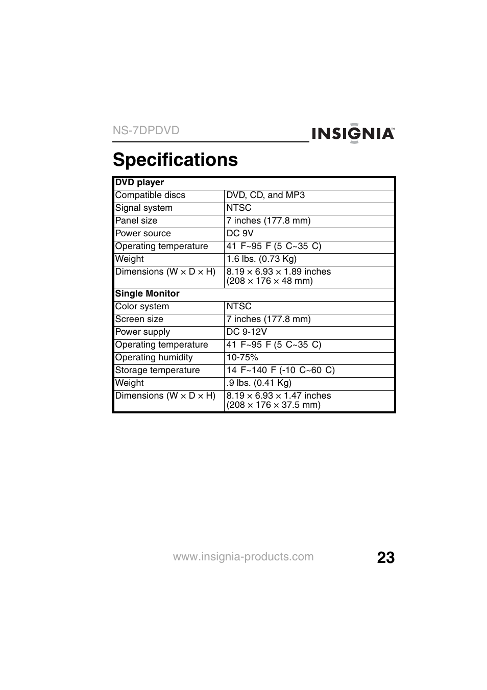 Specifications, Ns-7dpdvd | Insignia NS-7DPDVD User Manual | Page 25 / 100