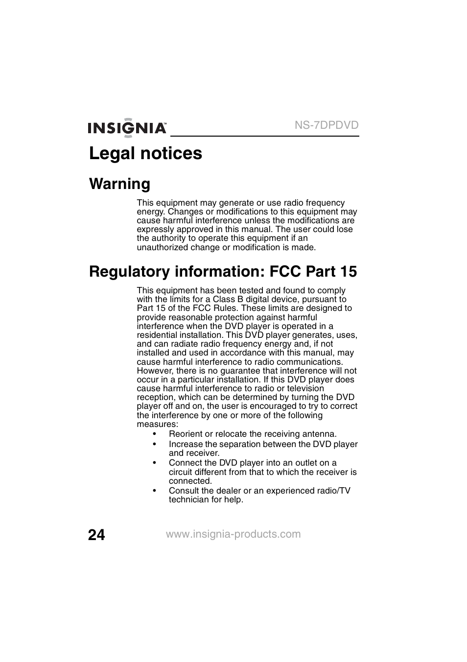 Legal notices, Warning, Regulatory information: fcc part 15 | Insignia NS-7DPDVD User Manual | Page 26 / 100