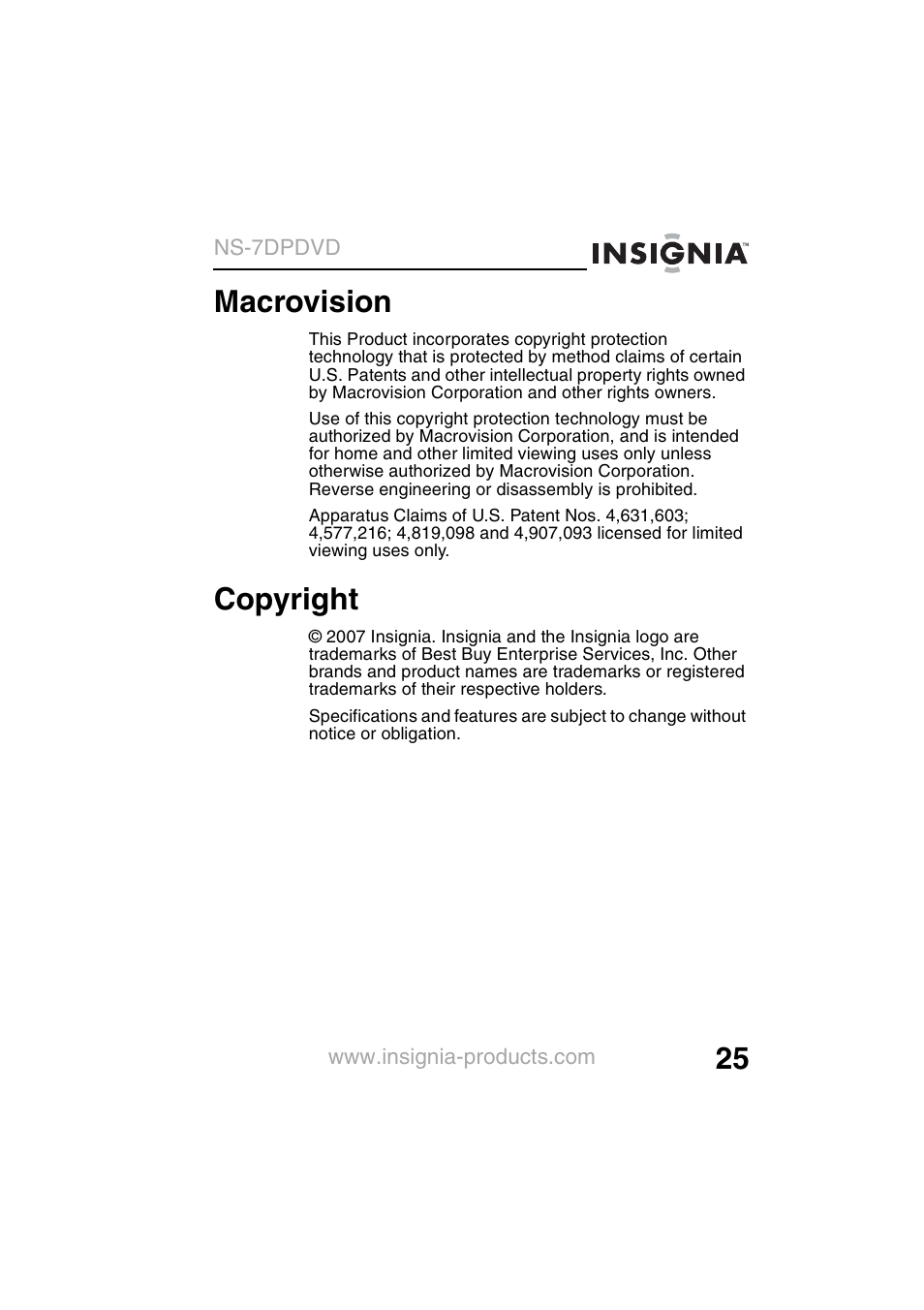 Macrovision, Copyright | Insignia NS-7DPDVD User Manual | Page 27 / 100