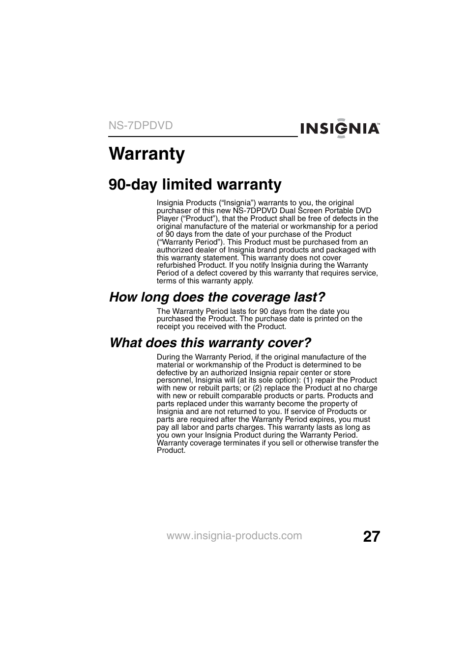 Warranty, Day limited warranty | Insignia NS-7DPDVD User Manual | Page 29 / 100