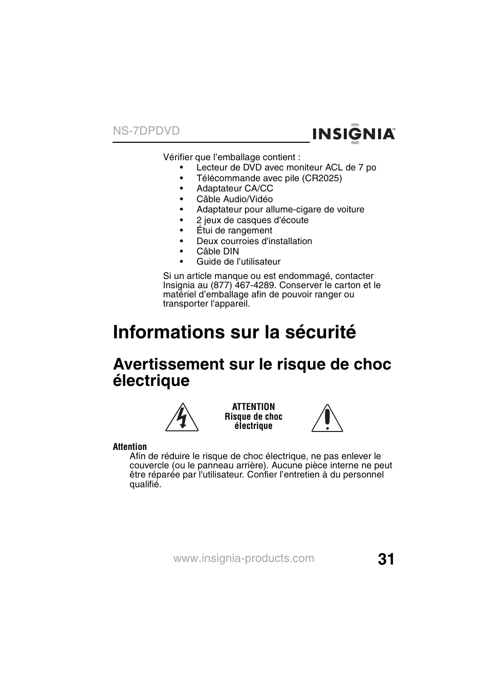 Informations sur la sécurité, Avertissement sur le risque de choc électrique | Insignia NS-7DPDVD User Manual | Page 33 / 100