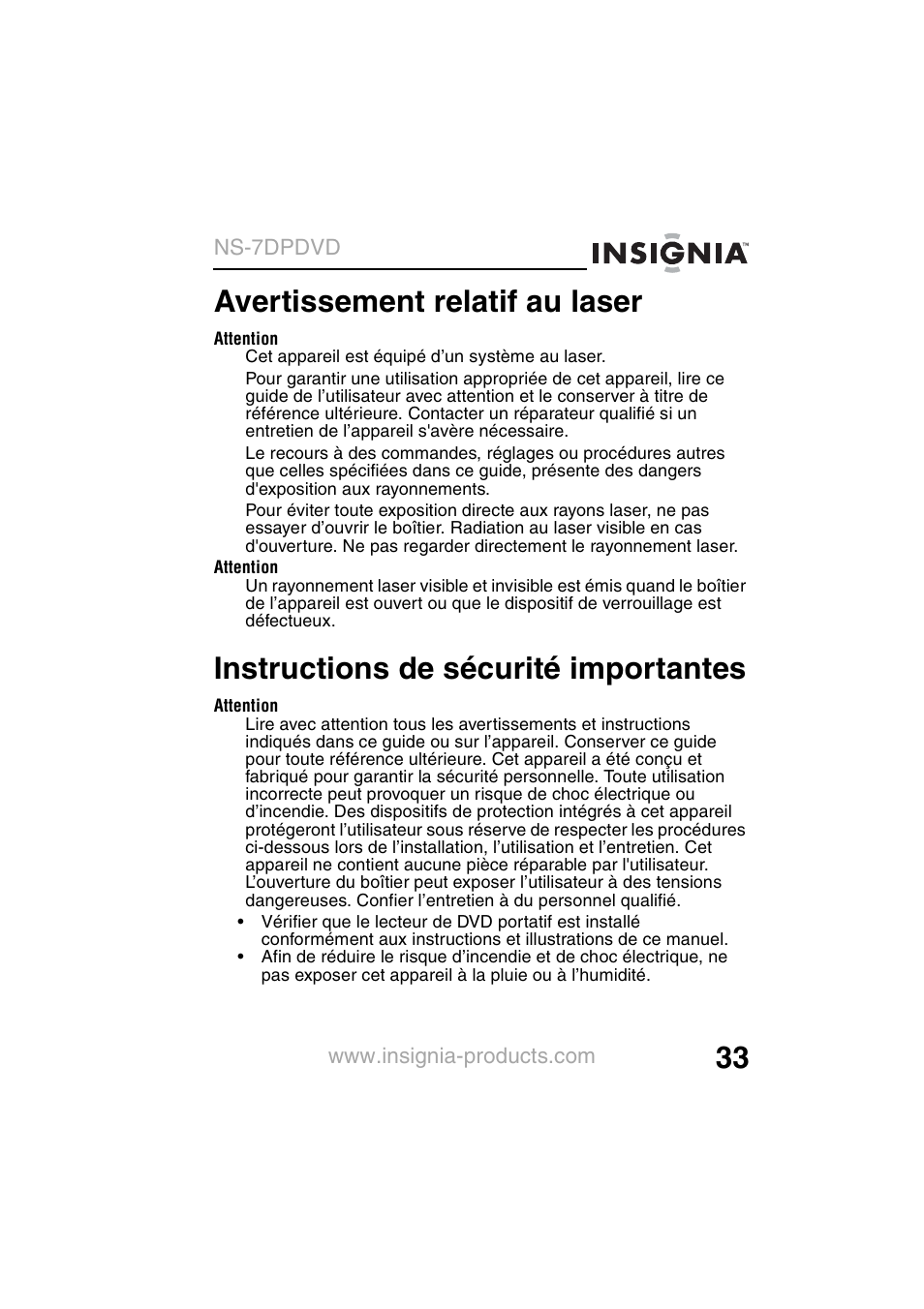 Avertissement relatif au laser, Instructions de sécurité importantes | Insignia NS-7DPDVD User Manual | Page 35 / 100