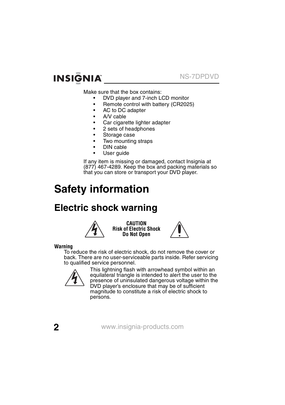 Safety information, Electric shock warning | Insignia NS-7DPDVD User Manual | Page 4 / 100