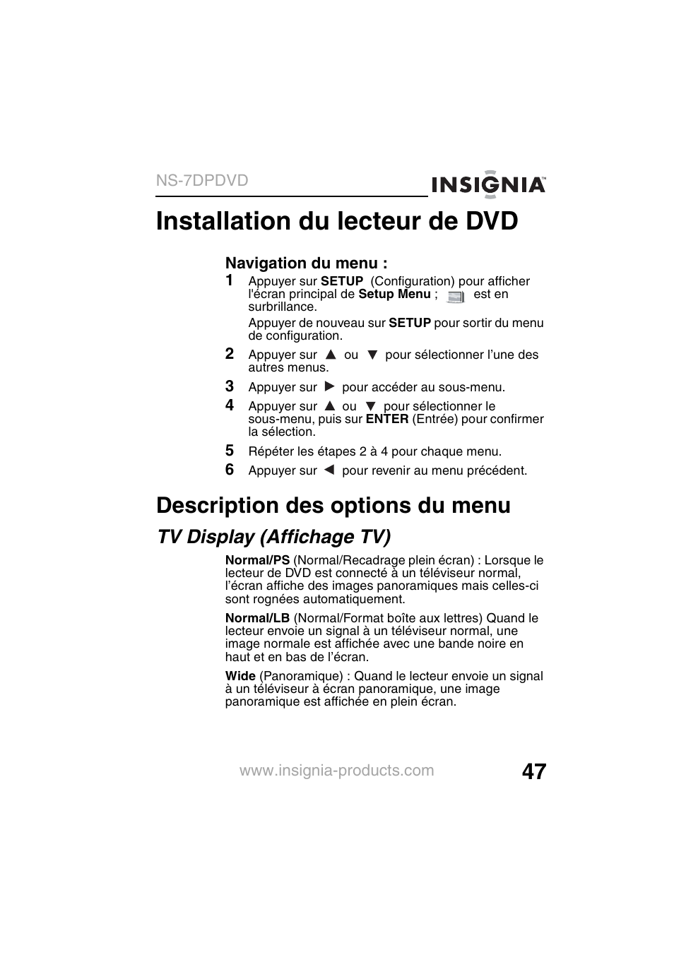 Installation du lecteur de dvd, Description des options du menu, Tv display (affichage tv) | Insignia NS-7DPDVD User Manual | Page 49 / 100