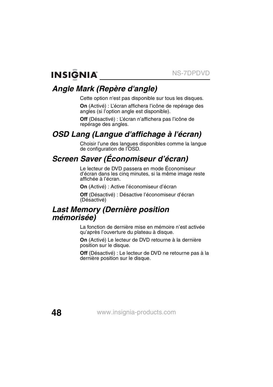 Angle mark (repère d'angle), Osd lang (langue d'affichage à l'écran), Screen saver (économiseur d’écran) | Insignia NS-7DPDVD User Manual | Page 50 / 100